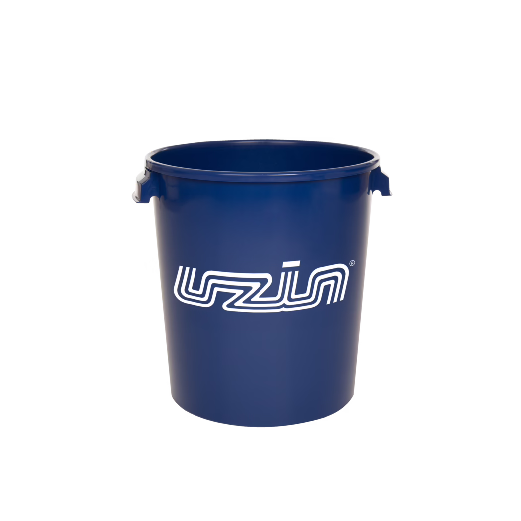 UZIN_Dummy_mixing bucket_2026-04 A tall, cylindrical dark blue plastic bucket with a smooth, glossy surface and a white, stylized logo printed on the front. The bucket has two small molded handles near the rim and an open, empty interior; it is photographed against a plain white background with subtle shadowing at the base.